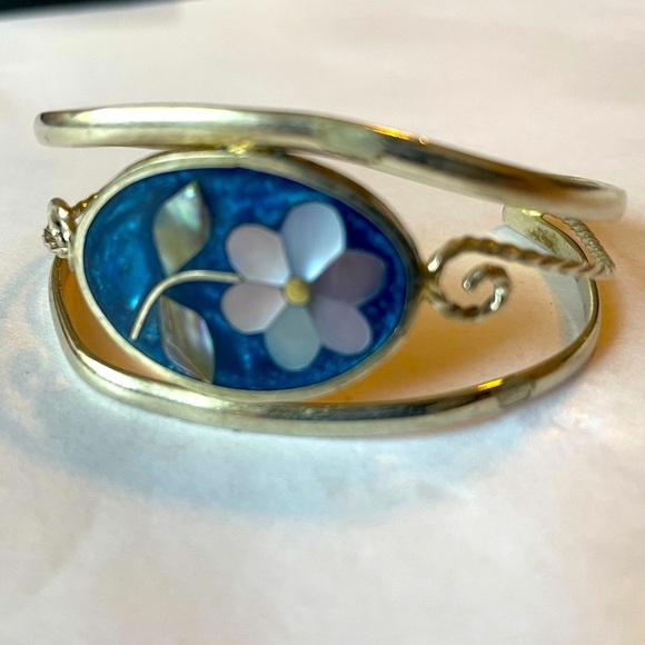 VINTAGE ALPACA MEXICO Blue Flower MOTHER OF PEARL Shell Mosaic CUFF BRACELET - Picture 9 of 12